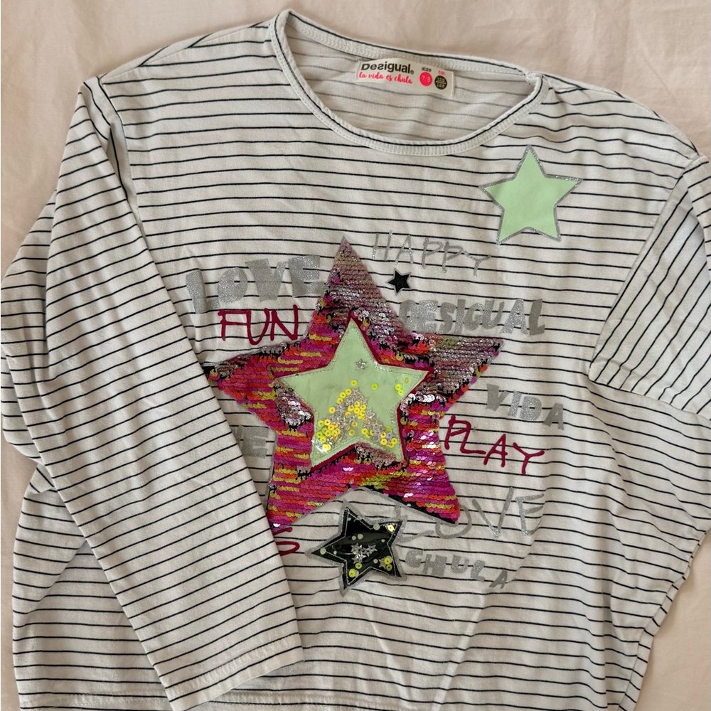 Desigual Kids Starry Striped Long Sleeve Tee - White and Pink